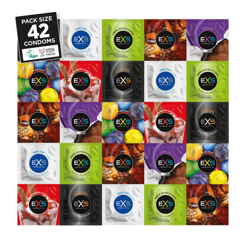 EXS Variety Pack 1 containing 42 assorted condoms in various colors, textures, and flavors, including chocolate and strawberry.